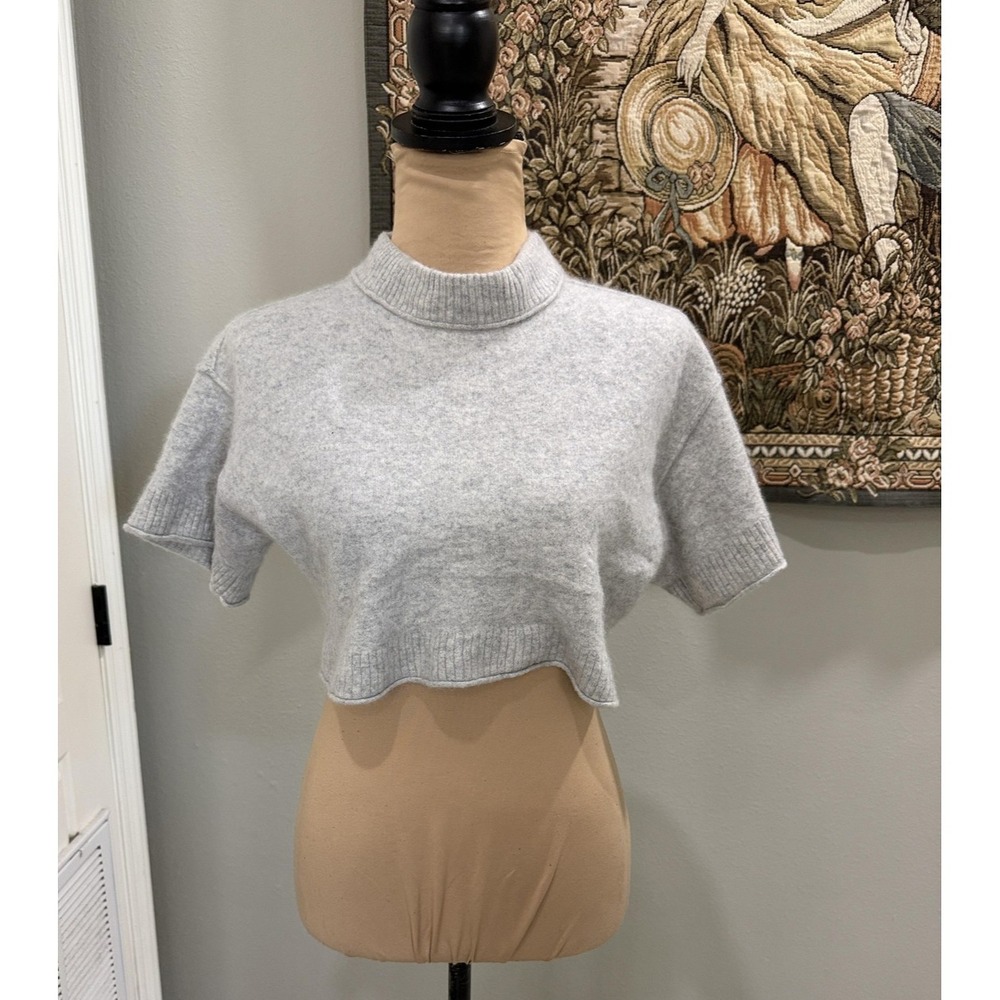Anthropologie Sweater‎ Womens XS Gray Mock Neck Short Sleeve Cropped Cashmere